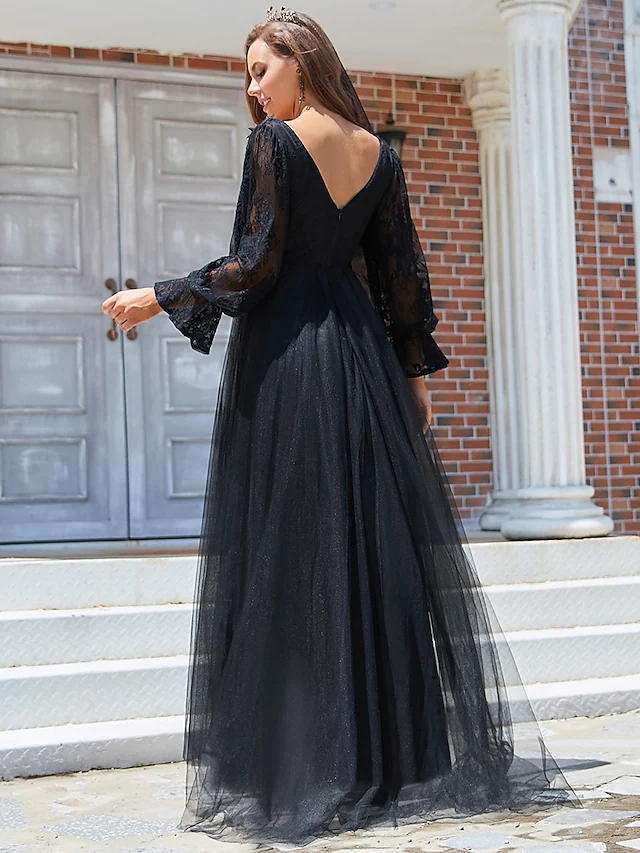 Side view of the A-Line V-Neck Long Sleeve Black Lace Tulle Wedding Gown.