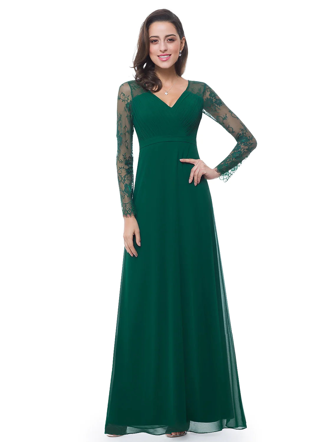 Elegant A-line chiffon evening gown with V-neck and long sleeves.