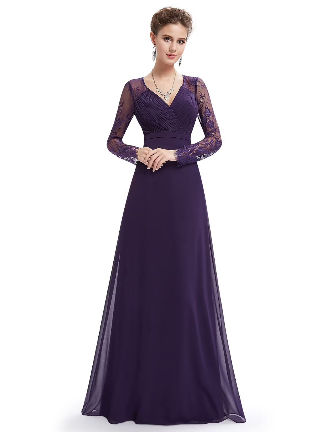 Close-up of the lace insert and sash on the chiffon evening dress.