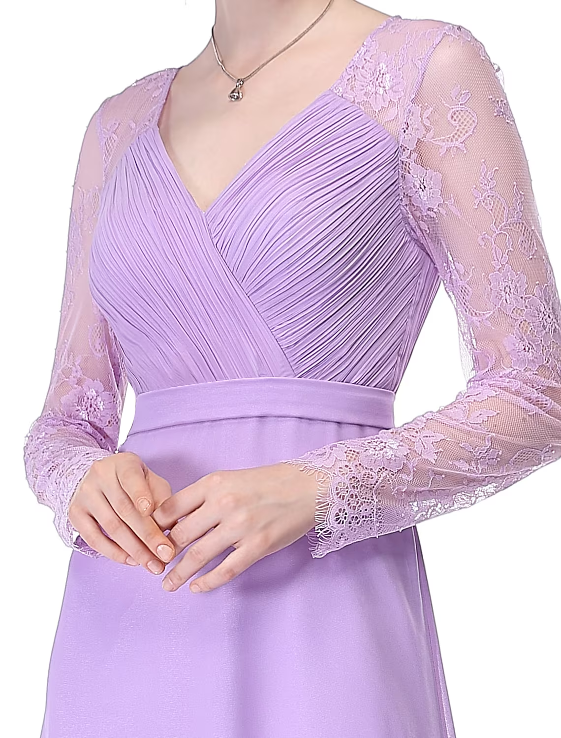 Full view of the A-line evening gown, showcasing its flowy chiffon fabric.