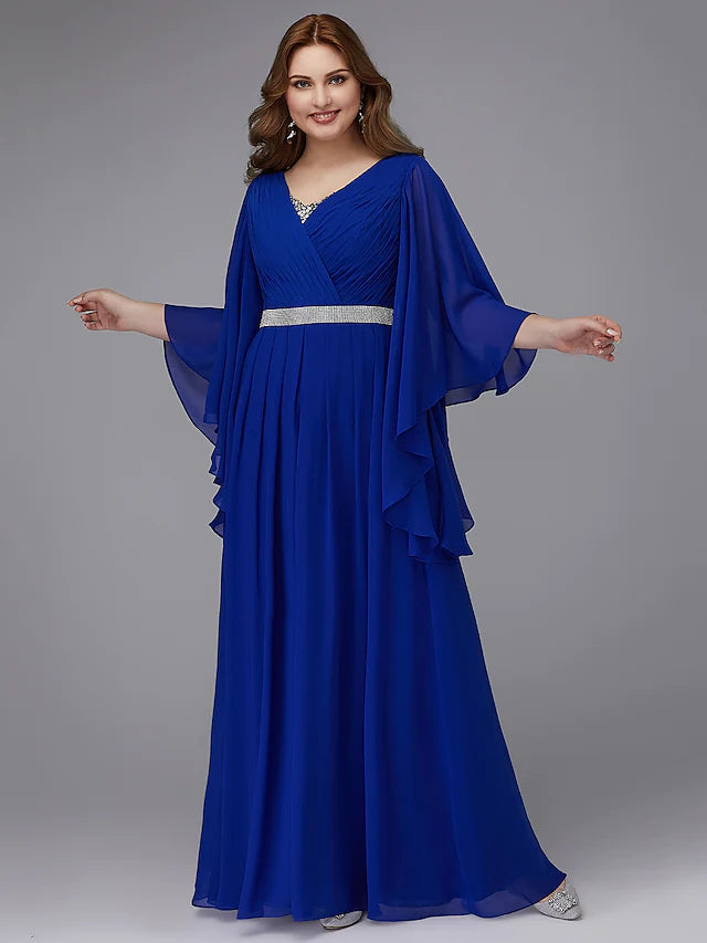 Plus size A-line wedding guest gown with V-neck and long sleeves.