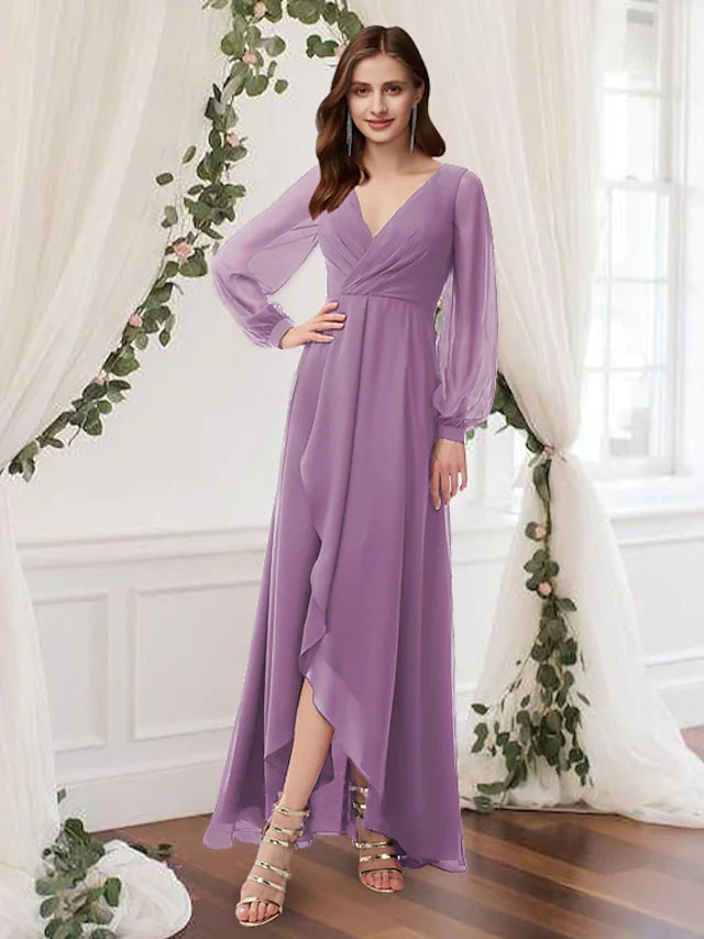 Elegant A-line chiffon bridesmaid dress with V-neck, long sleeves, and floor-length pleated skirt.