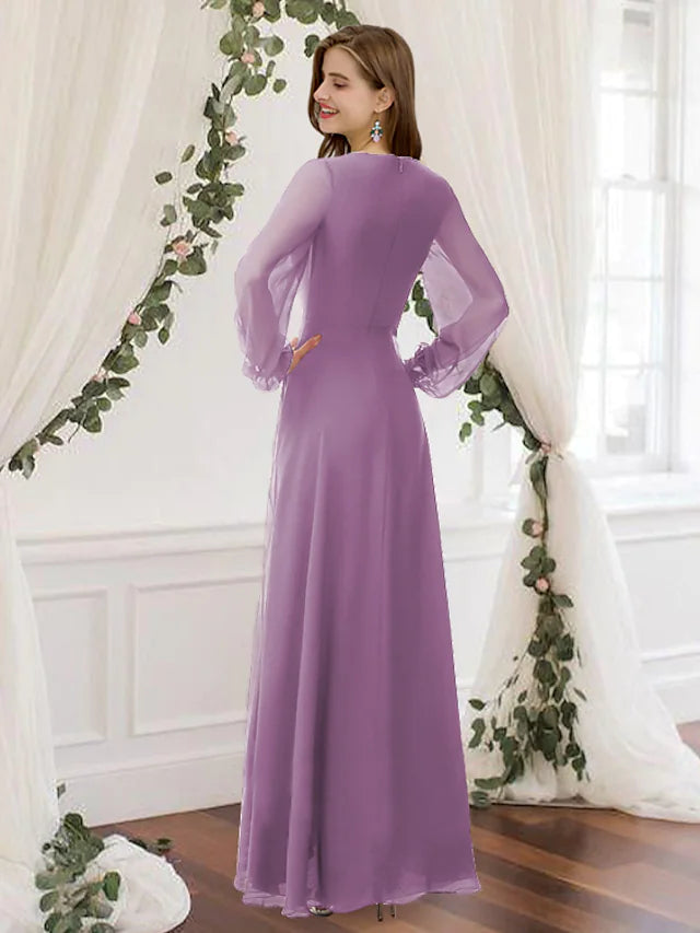 Full view of the A-line chiffon bridesmaid dress, featuring a V-neck, long sleeves, and elegant pleats.