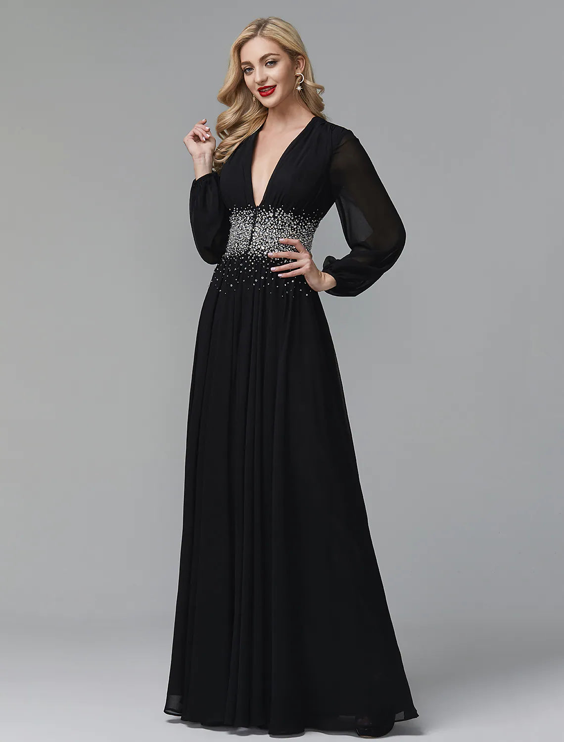 Elegant A-line V-neck evening gown with long sleeves and sequin details.