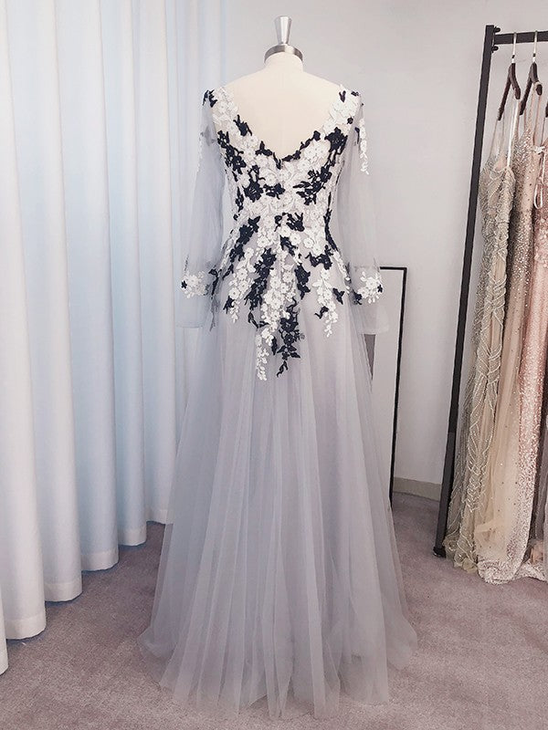 Elegant A-Line V-Neck Long Sleeve Tulle Applique Floor-Length Prom Dress.