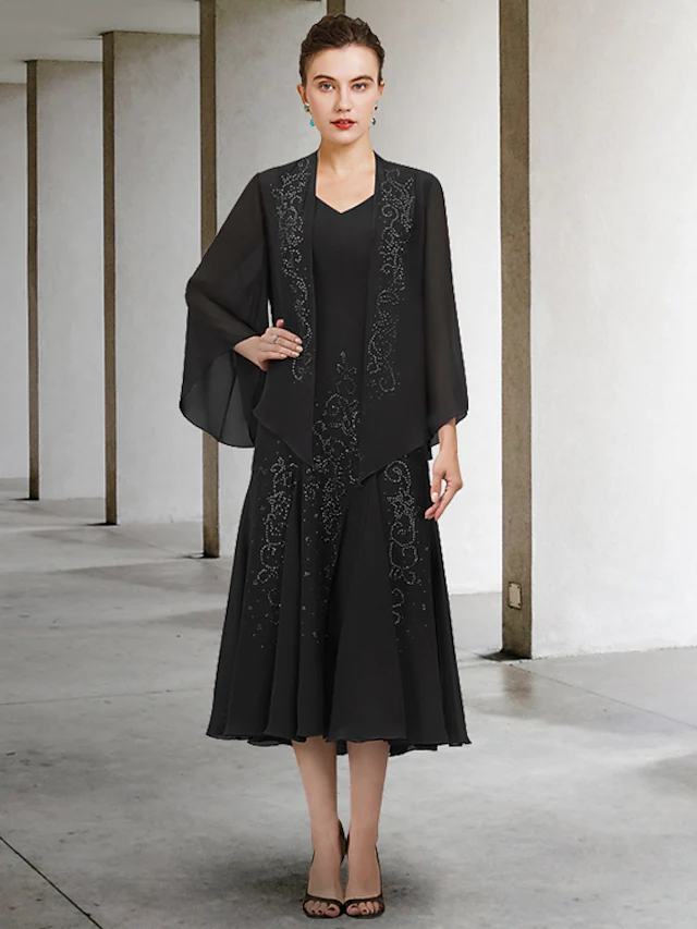 Elegant A-line two-piece mother of the bride dress with V-neck and long sleeves.