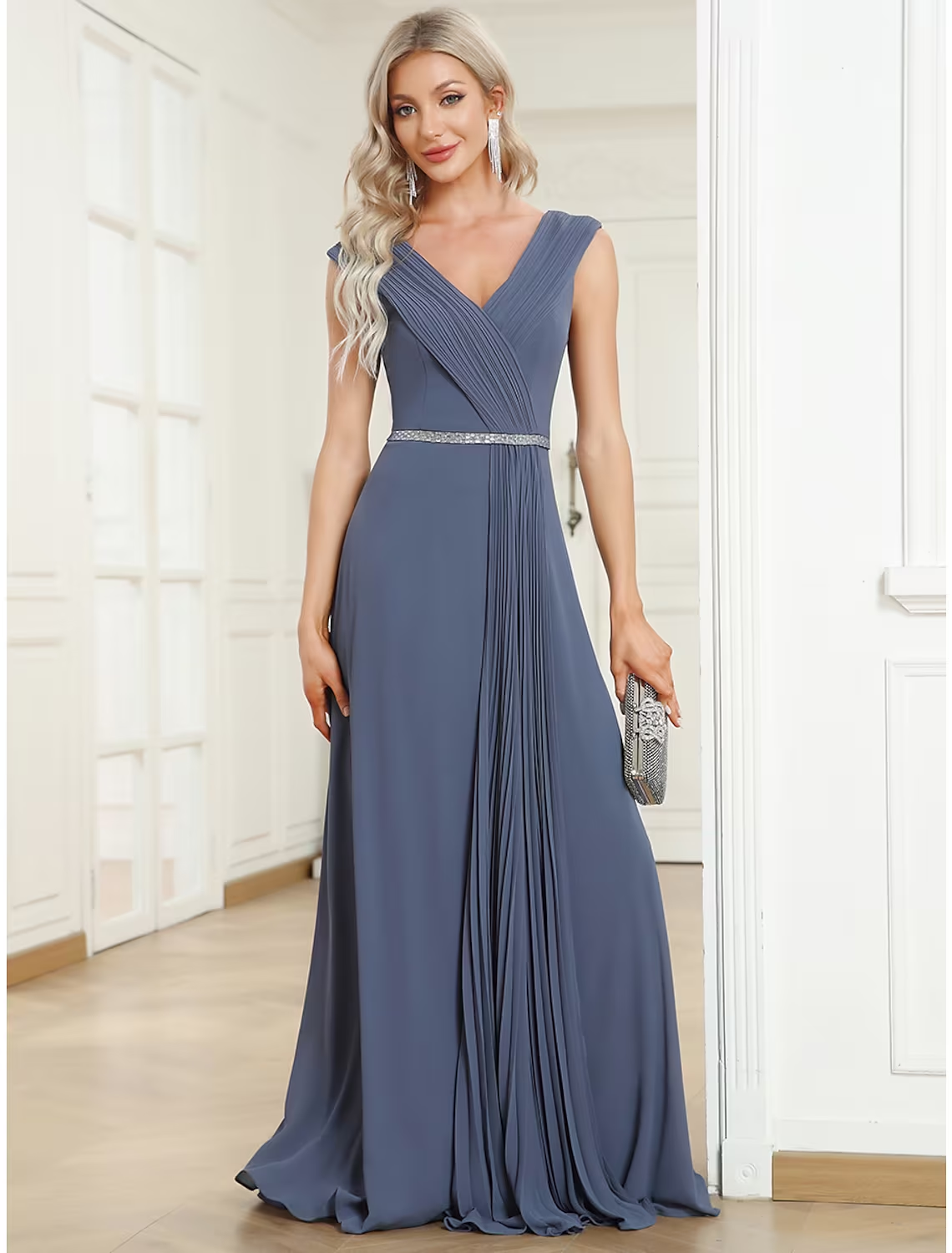 Elegant A-line V-neck chiffon dress for wedding guests.