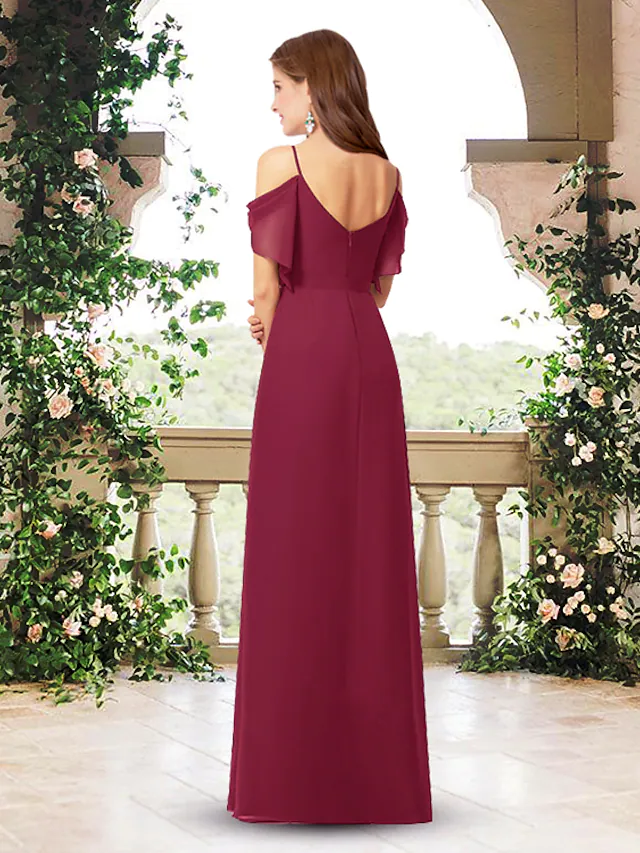 Back view of the A-Line V-Neck chiffon bridesmaid dress, showcasing the flowing skirt and pleats.