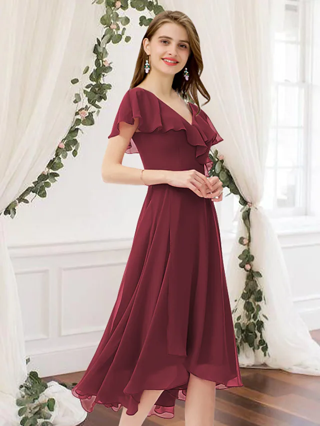 Elegant A-line V-neck chiffon bridesmaid dress with delicate ruching.