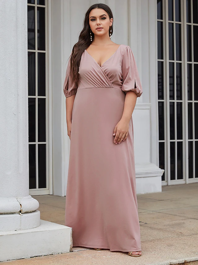 A-Line V-neck bridesmaid dress in stretch satin with ruching, front view.