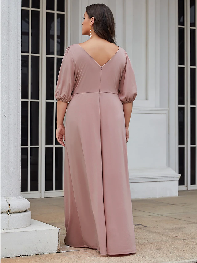 Side view of an A-Line V-neck stretch satin bridesmaid dress with ruched details.