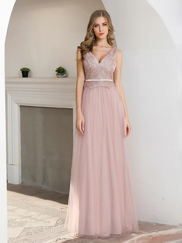 Elegant A-line satin evening gown with V-neck and sequin details.