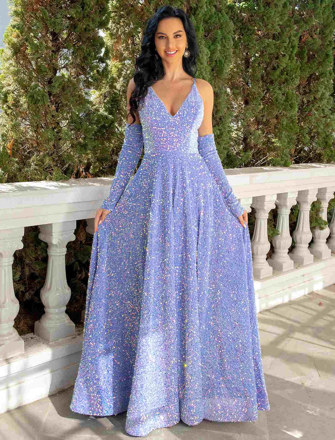 Elegant A-line sequined V-neck prom dress, full view.