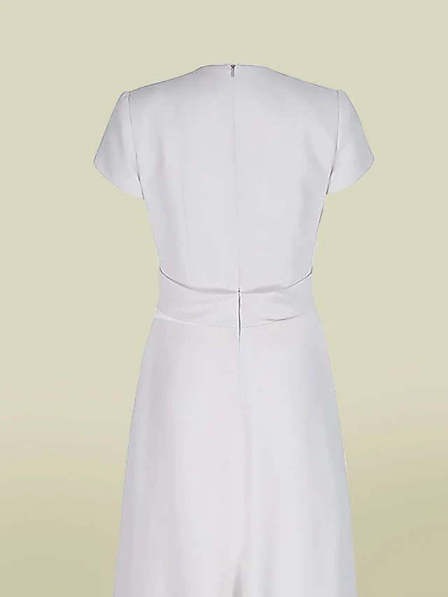 Full view of the short-sleeve charmeuse dress, perfect for a wedding celebration.