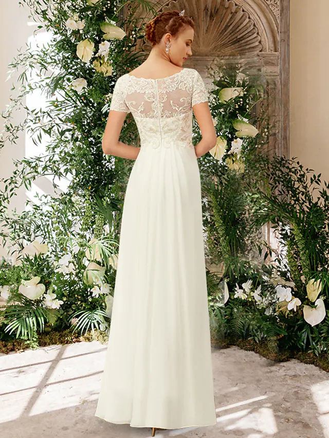Elegant A-Line wedding dress with V-neck, short sleeves, and lace details.