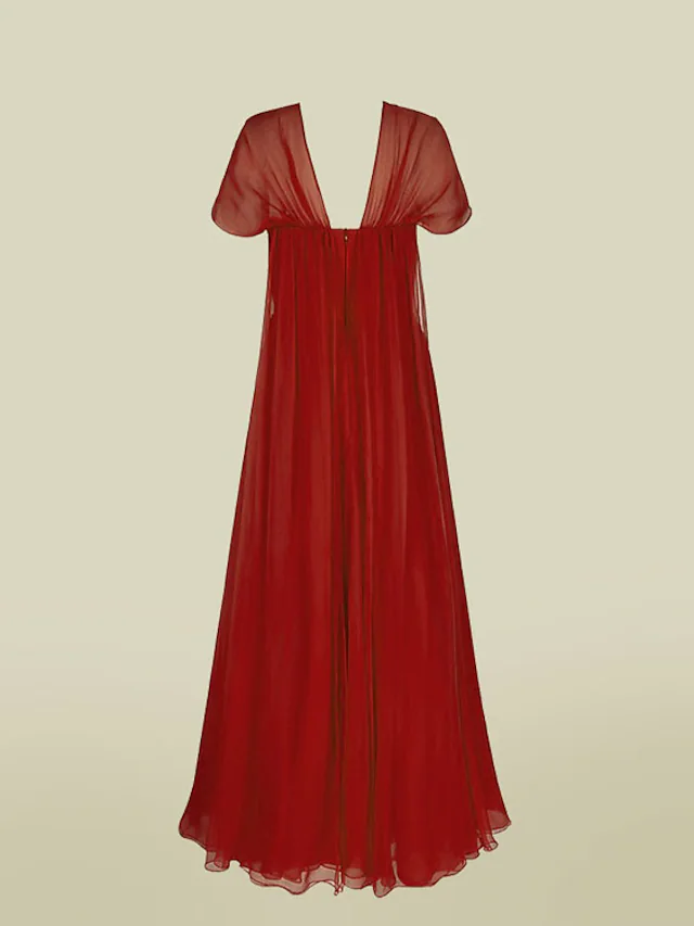 Back view of an A-line V-neck short-sleeve chiffon dress with pleats.