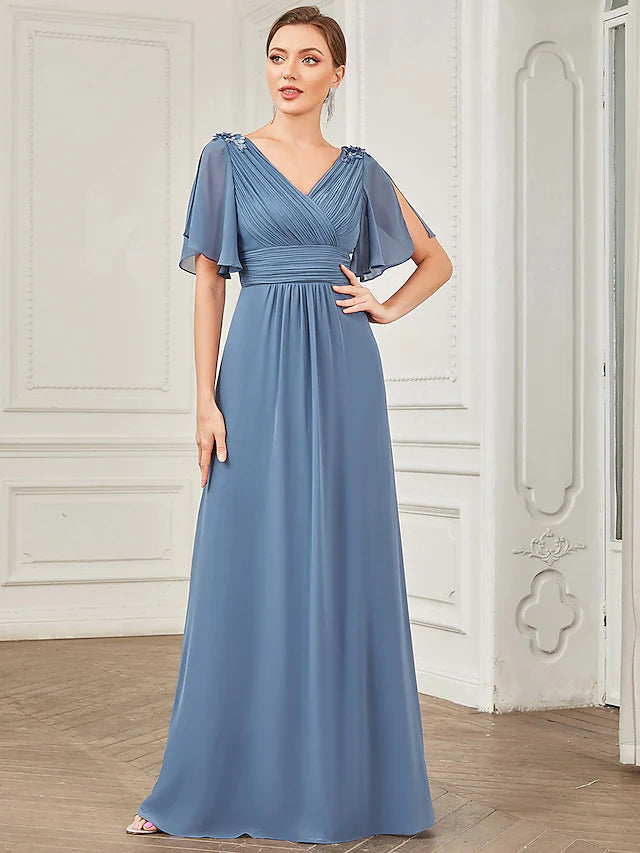 Elegant A-Line chiffon prom dress with V-neck and short sleeves, featuring ruched appliques.
