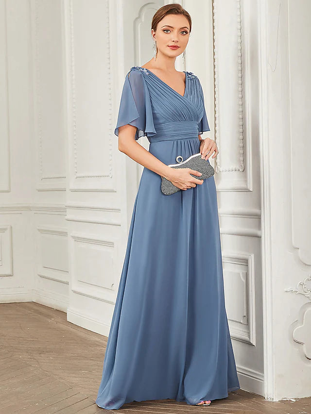 Back view of a floor-length A-Line dress, showcasing the flowing chiffon fabric.