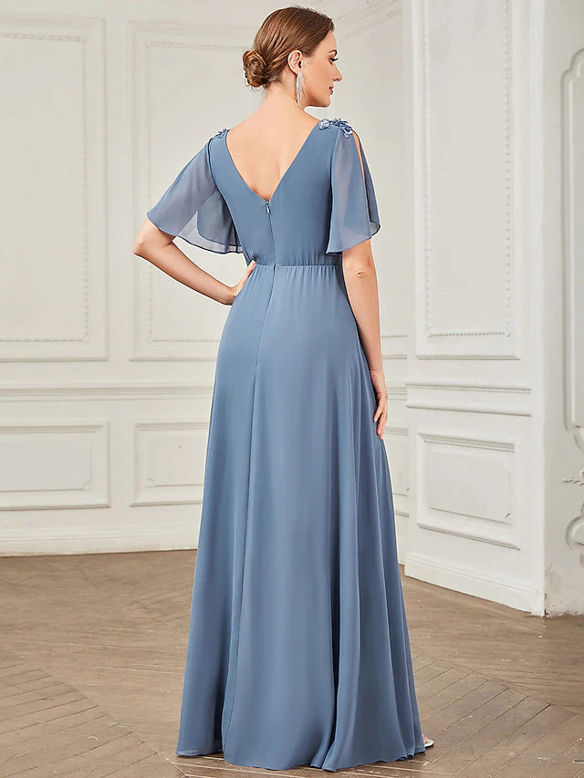 Side view of the A-Line short sleeve dress, highlighting its graceful silhouette.