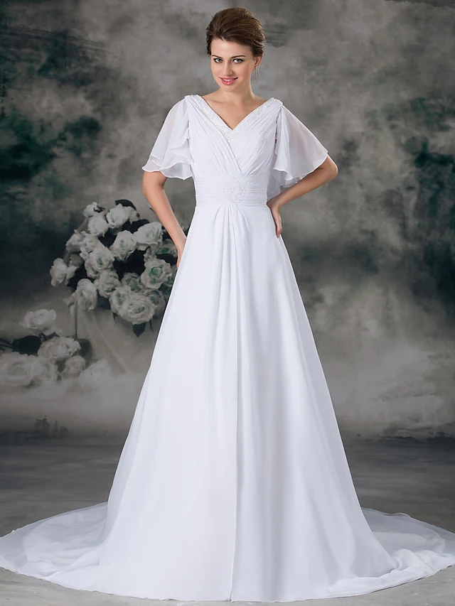 Elegant A-line wedding dress with V-neck, short sleeves, and chapel train.