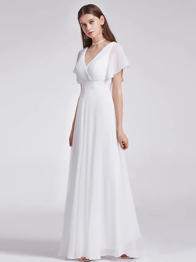 White A-line V-neck wedding dress with short sleeves and elegant draping.