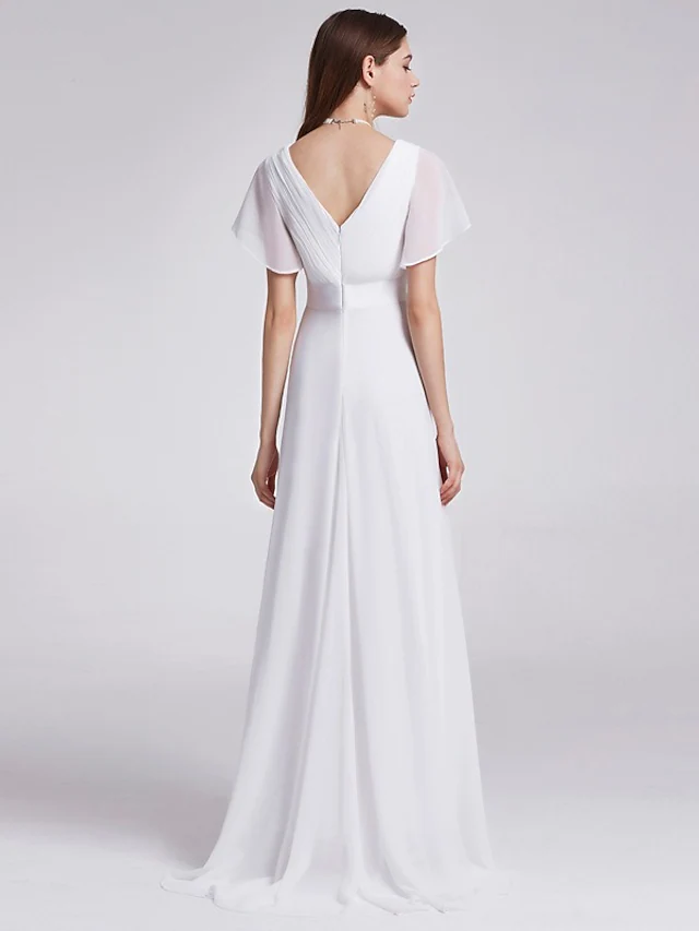 Side view of a white A-line V-neck chiffon wedding dress.