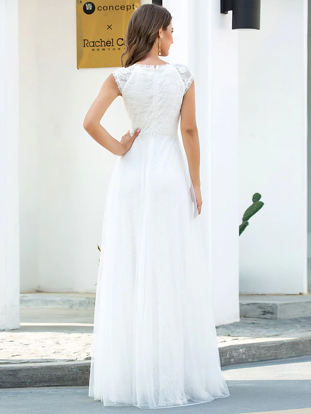 Back view of A-Line V-neck wedding dress with short sleeves.