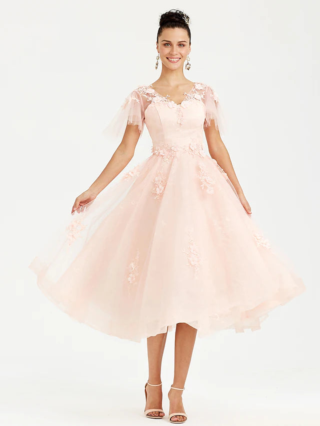 Elegant A-line tea length prom dress with V-neck and short sleeves.