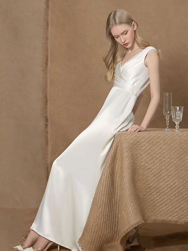 Side view of A-Line V-Neck wedding dress, showcasing ruched bodice.