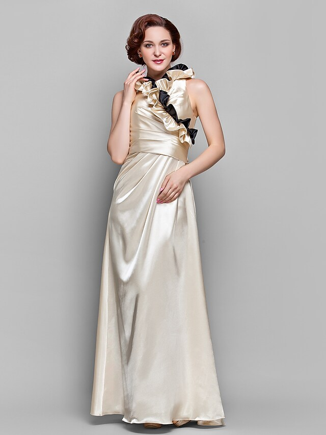 Elegant A-Line Mother of the Bride dress with V-neck and 3/4 ruffled sleeves.