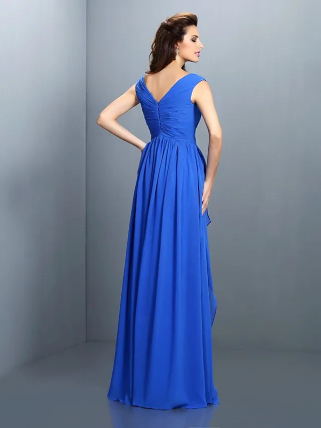 Elegant A-line V-neck chiffon evening gown with sparkling sequins and ruched details.