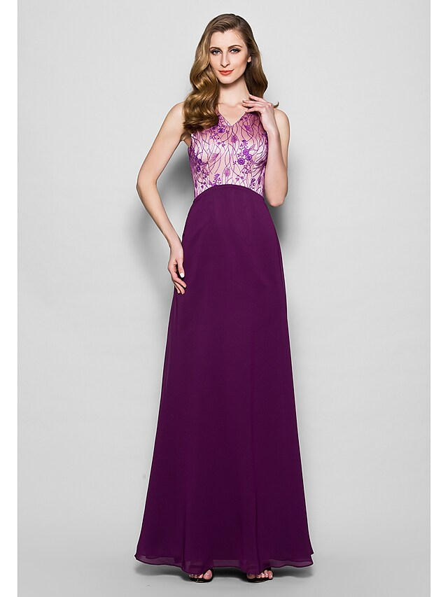Elegant A-Line Mother of the Bride dress with V-neck and floor length silhouette.