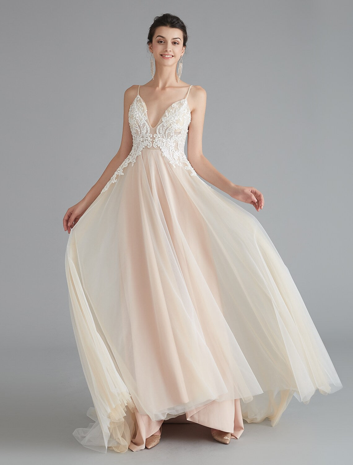 Elegant A-line V-neck lace prom dress with beading.