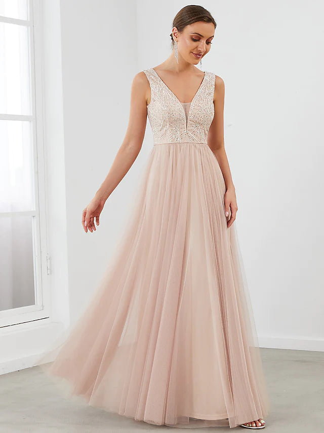 Elegant A-line V-neck evening gown with sequin draping.