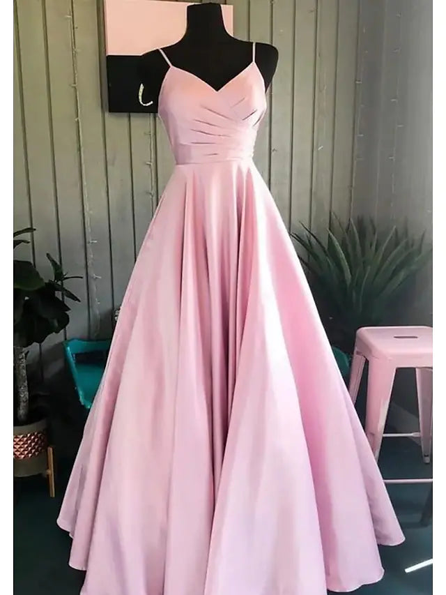 Elegant A-Line V-neck sleeveless prom dress with a floor-length silhouette.