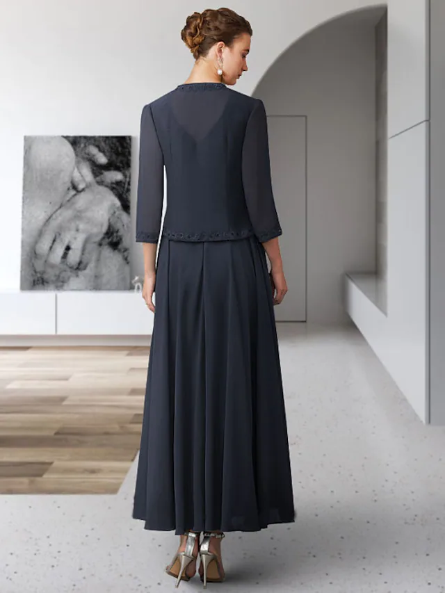 Two-piece ankle-length mother of the bride dress featuring pleats and a ribbon sash.