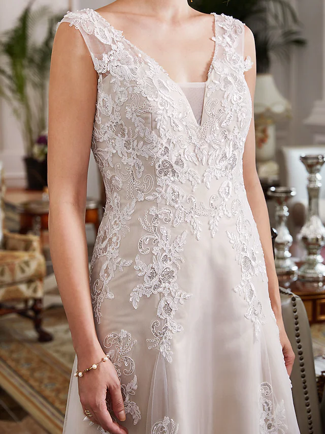 Full length view of the A-Line V-Neck wedding dress, showcasing the flowing tulle skirt.