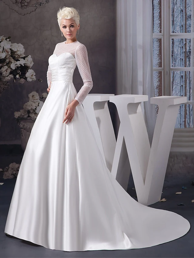 Back view of the A-Line wedding dress showing the court train and ruched details.