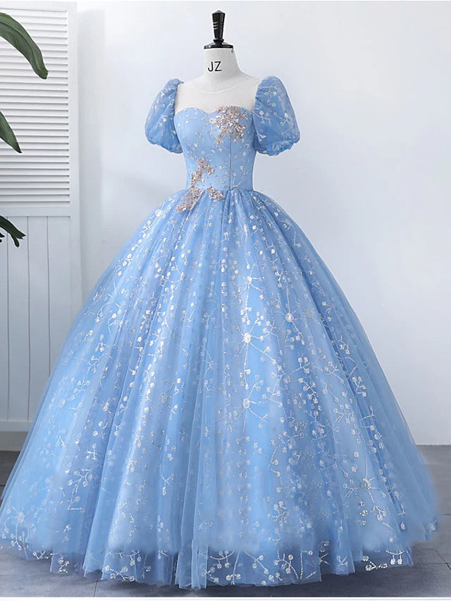 Elegant ball gown Quinceanera dress with square neck, short sleeves, and pearl appliques.