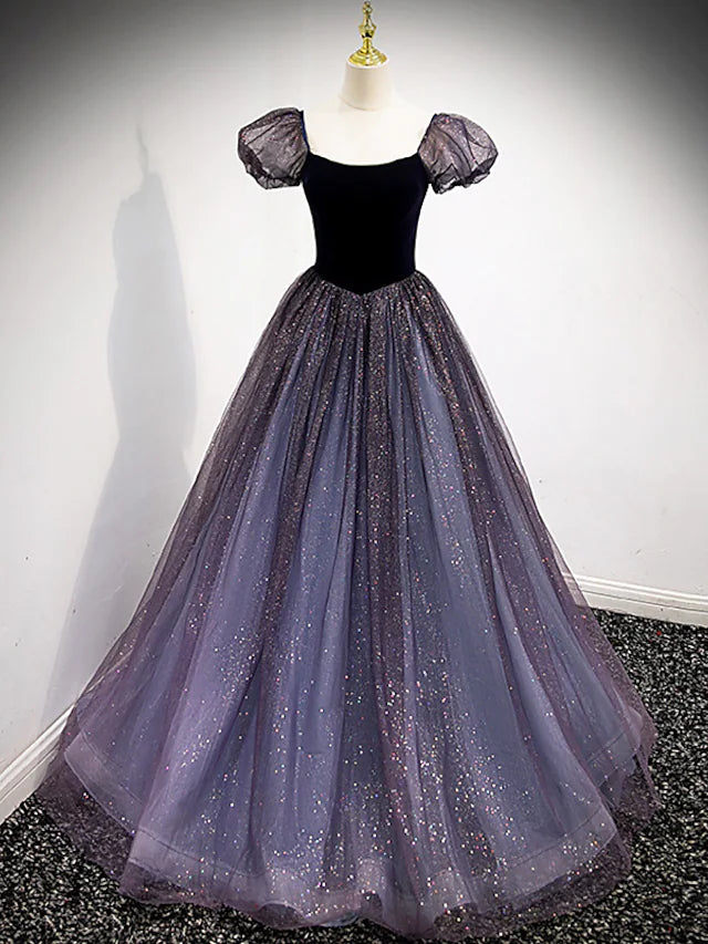 Elegant ball gown prom dress with square neck and short sleeves.
