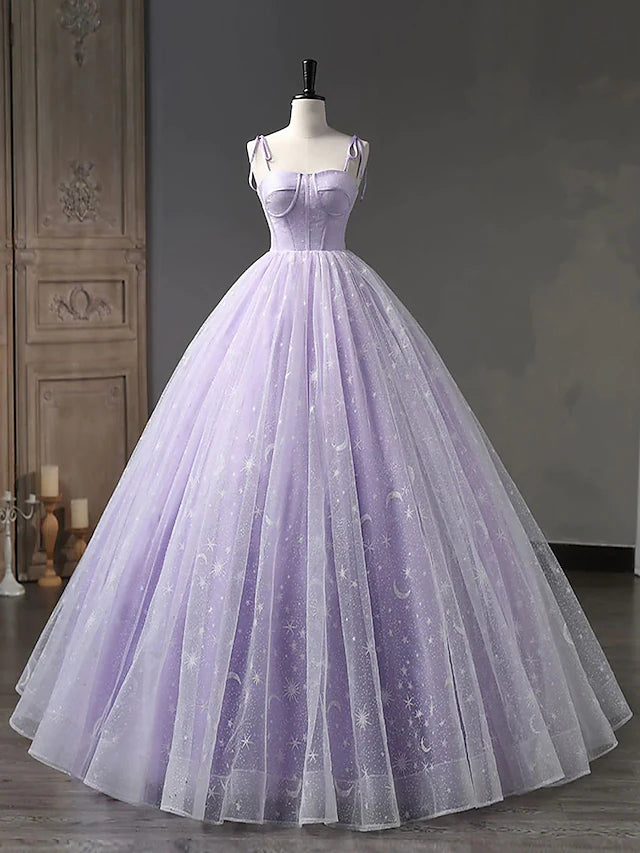 Elegant ball gown prom dress with sweetheart neckline and spaghetti straps.