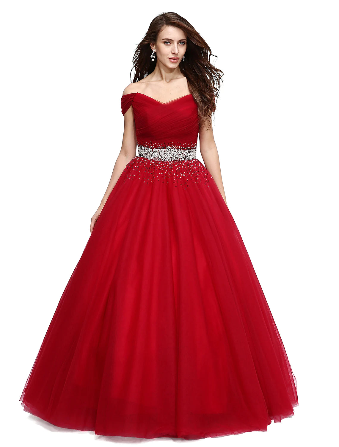 Elegant V-wire ball gown with beading and sequins.