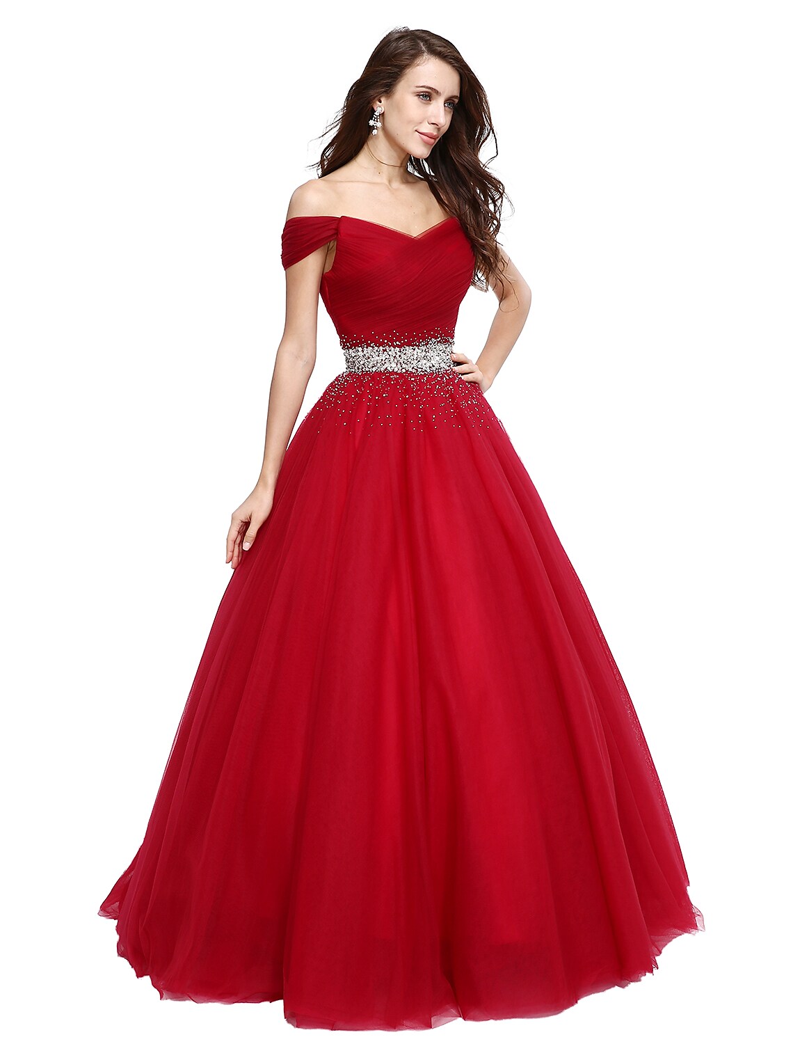Side view of floor-length tulle ball gown.