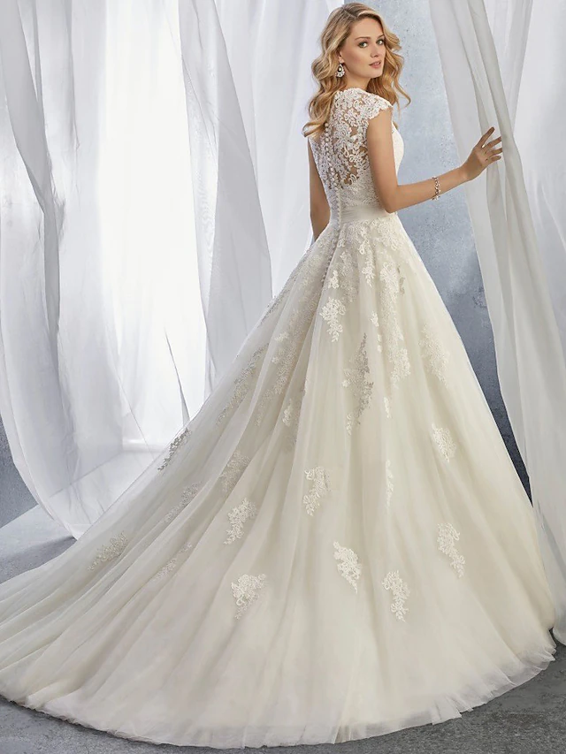 Back view of wedding dress showing chapel train and lace details.