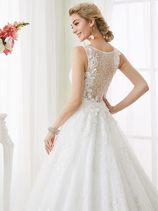 Front view of a white ball gown wedding dress.