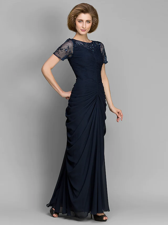Elegant Mother of the Bride dress with bateau neck, short sleeves, and ruched beading.