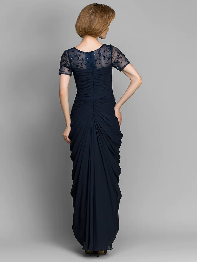 Side view of the elegant chiffon Mother of the Bride gown.