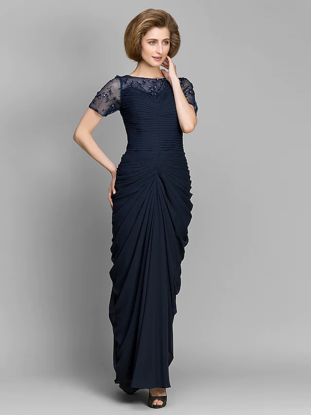 Back view of the floor-length Mother of the Bride dress.