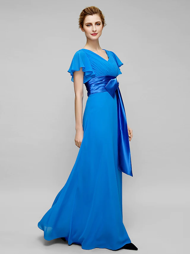 Floor-length blue Mother of the Bride dress with short sleeves.
