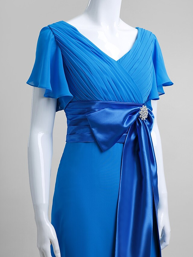Side view of elegant blue V-neck chiffon dress.